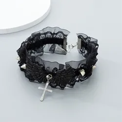 Chic Women’s Lace & Leather Angel Wings Choker Necklace (Black)