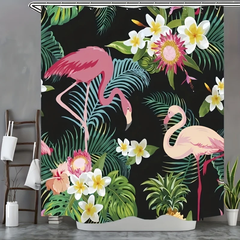 

1pc Flamingo Pattern Shower Curtain With 12 Hooks, Waterproof And Mildew-Proof Bath Curtain, Bathroom Decor, 71*71in