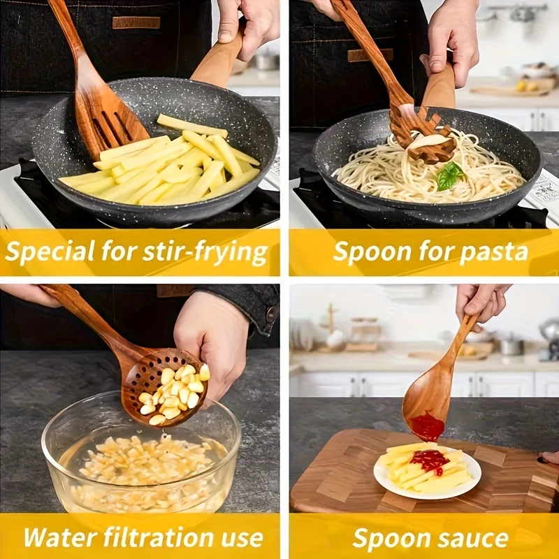 Natural Teak Wood Kitchen Utensil Set Wooden Cooking Tools with Holder Ideal for Healthy Non - Stick Cookware Cooking - 4