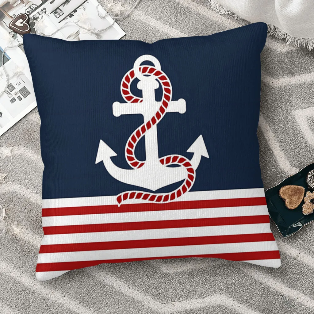 

Nautical Red White Stripes and Red Anchor On Blue Background Cojines Navigation Throw Pillow Case Cushion Covers Home Sofa Chair