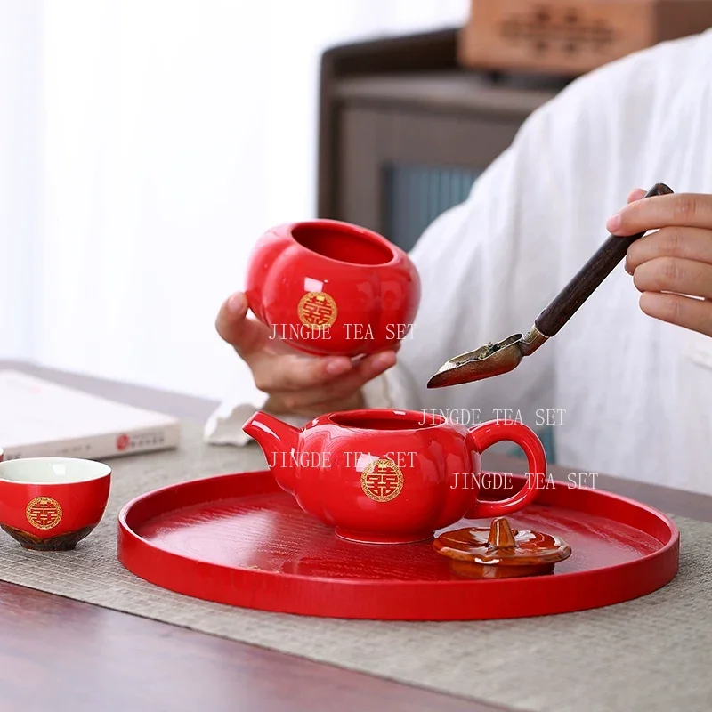 Red Ceramic Chinese Wedding Tea Set Exquisite Porcelain Teapot and Cup Set Customized Gaiwan Teaware Gifts Home Drinkware