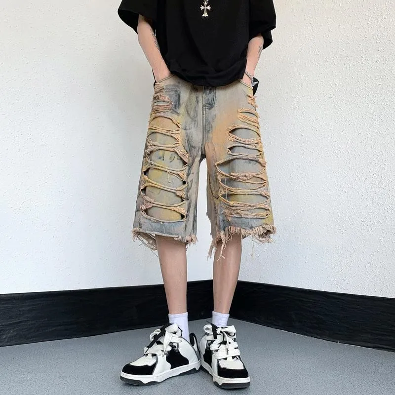 

Tie Dye Fashion Brand Broken Hole Denim Shorts Men's Summer High Street Trousers Straight Tube Ragged Edge Shorts