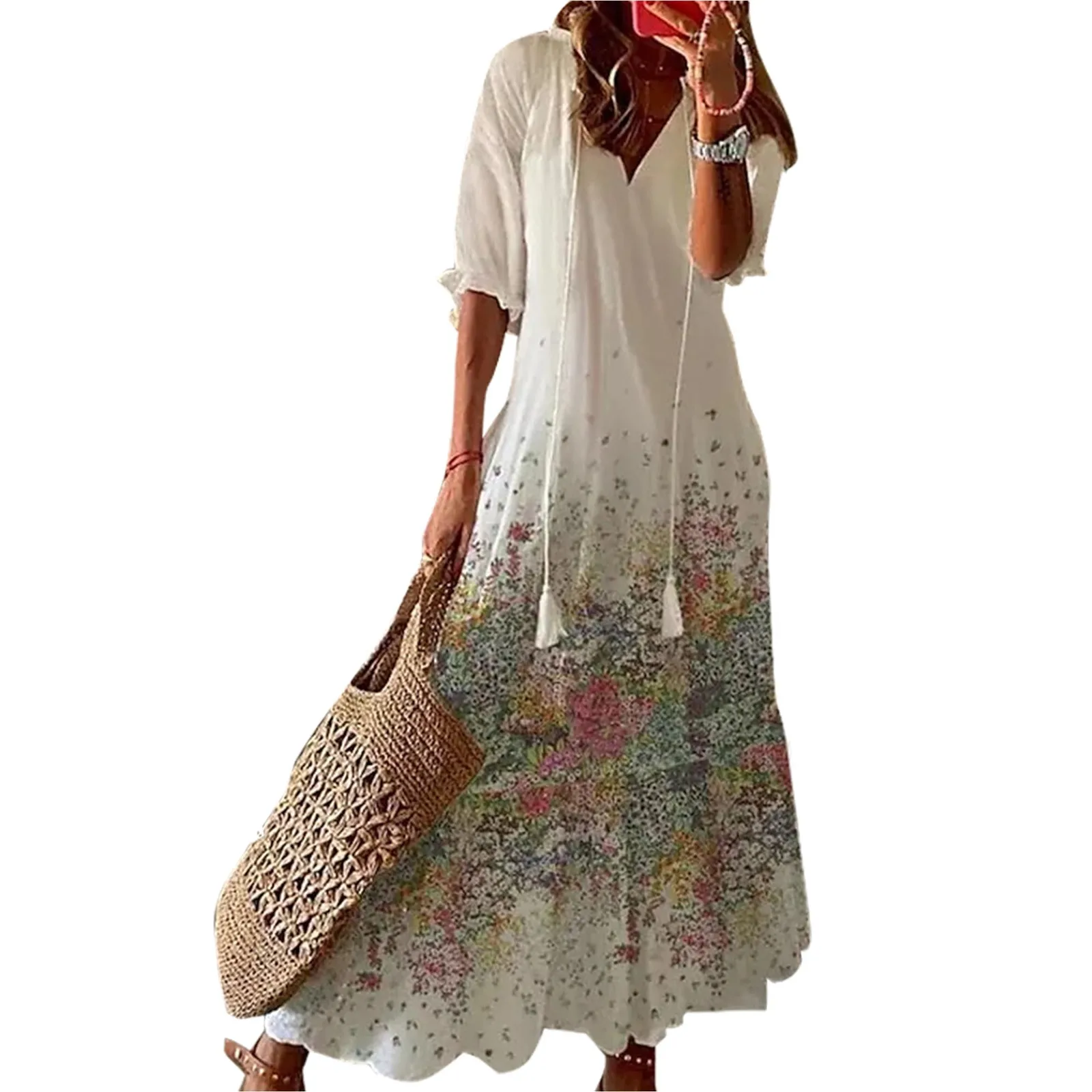 

Women'S Long Dress Loose Outdoor Holiday V Neck Fashionable Travel Summer Beach Vintage Sundress Bohemian Maxi Dresses Vestidos