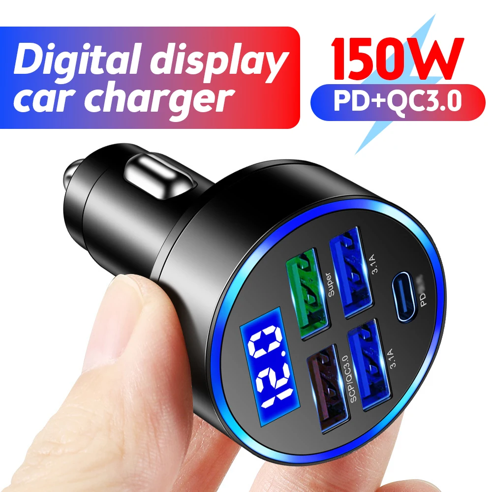 

5 Ports 150W Car Charger Fast Charging PD QC3.0 USB C Car Phone Charger Type C Adapter in Car For iphone Samsung Huawei Xiaomi