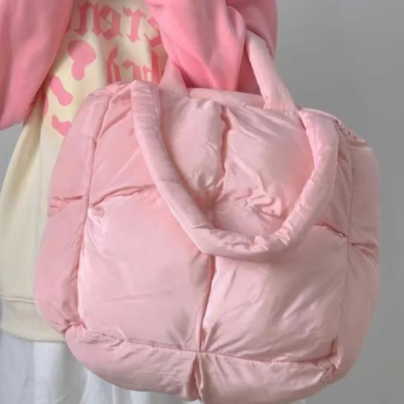 JIAERDI Sweet Cute Pink Tote Bag Women Puffed Checkerboard Soft Shoulder Bags Ladies Square Large Capacity Pillow Underarm Bag