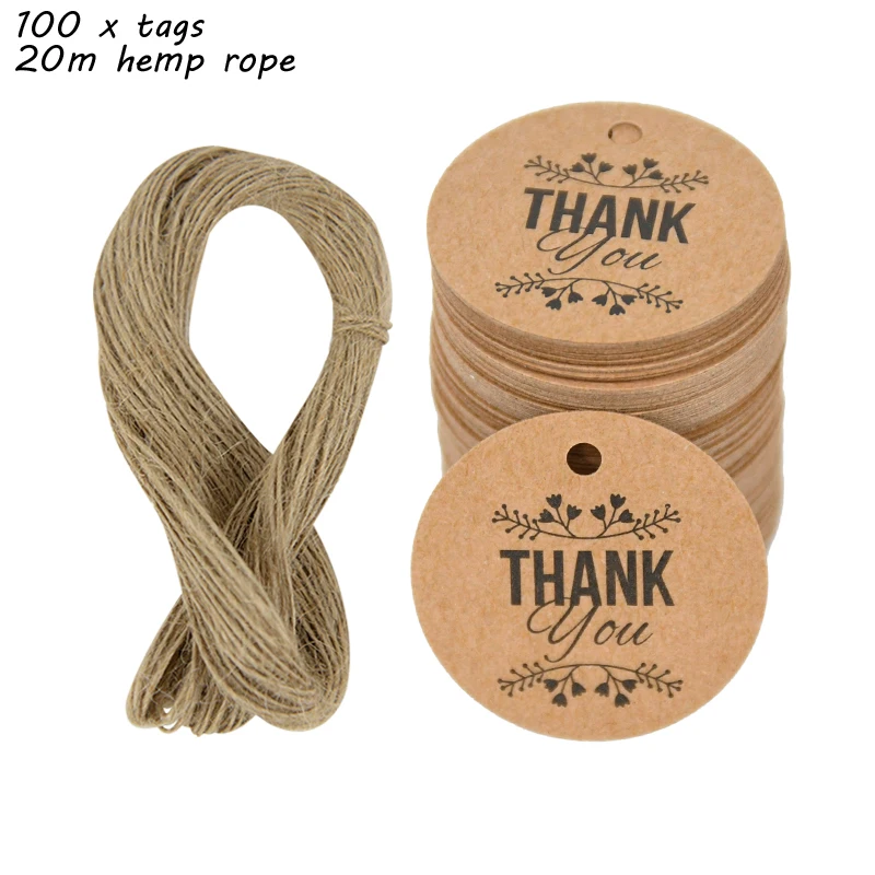 Bulk Set of 100 Handmade Kraft Paper Gift Tags with Hemp Ropes