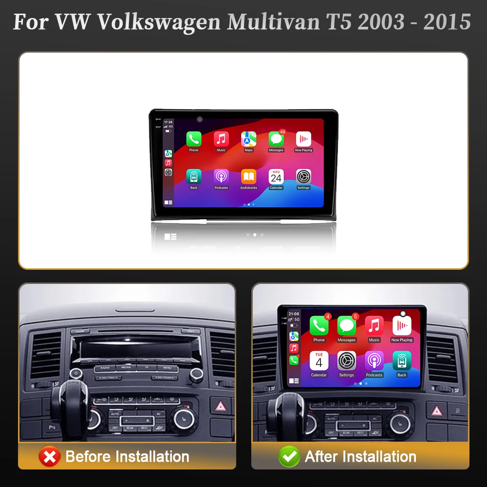 Radio para Auto de 9 Pulgadas para VW Volkswagen Multivan T5 2003-2015, con Bluetooth, Carplay, Android 16, Navegación Multimedia, Pantalla QLED 2K 2