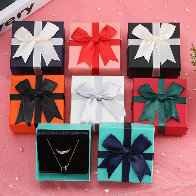 Cute Quality Candy Color Paper Necklace Ring Gift Box with Bow Lovely Jewellry Packaging Case Jewelry Display Holder 7*7*3.7cm cute cartoon elastic hair ring animal rubber band for girls plush ponytail maruko hair tie headwear girls kids hair accessories