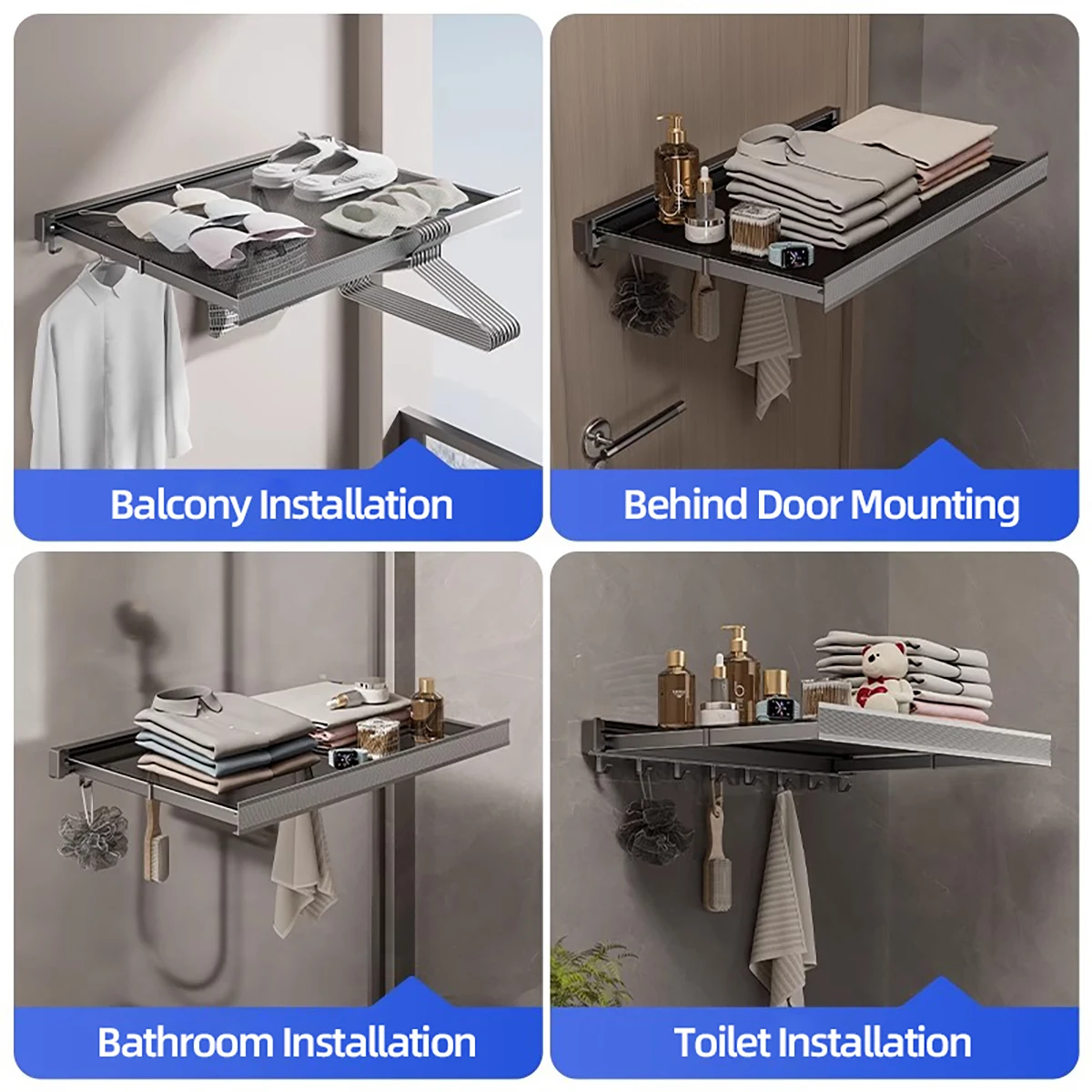 Clothes and Hat Rack Foldable with Hooks Space-saving for Bathroom and Balcony