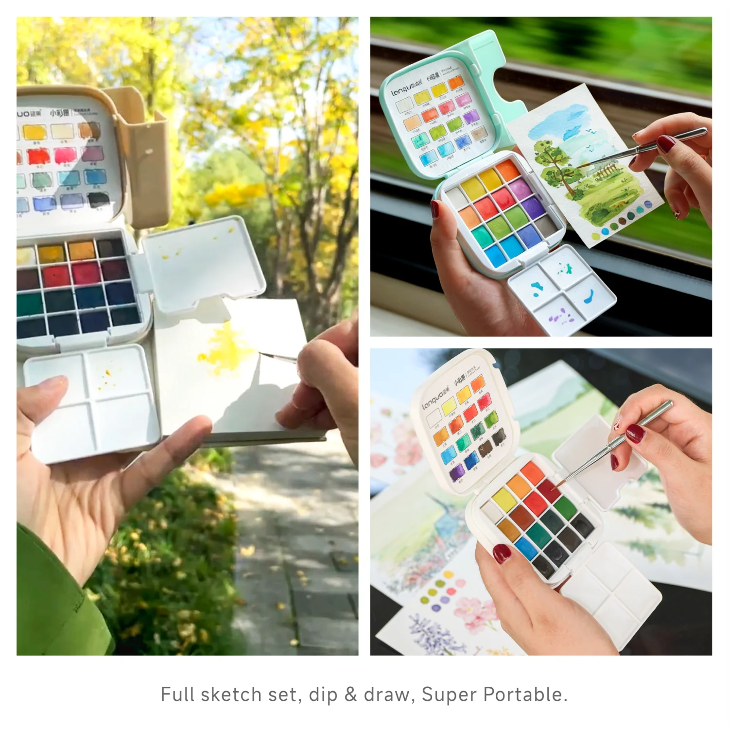 Reise-Aquarellfarben-Set mit Geschenkbox - 16 Farben mit Palette, Tragbares Aquarell-Reiseset mit Pinsel, Malkarte – Detail 9