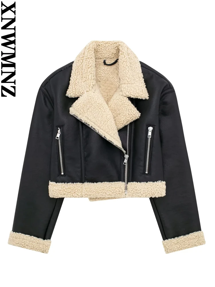 

XNWMNZ Women Fashion 2023 Crop Double sided Faux Fur Jackets Vintage Lapel Zipper Long Sleeves Female Chic Outerwear