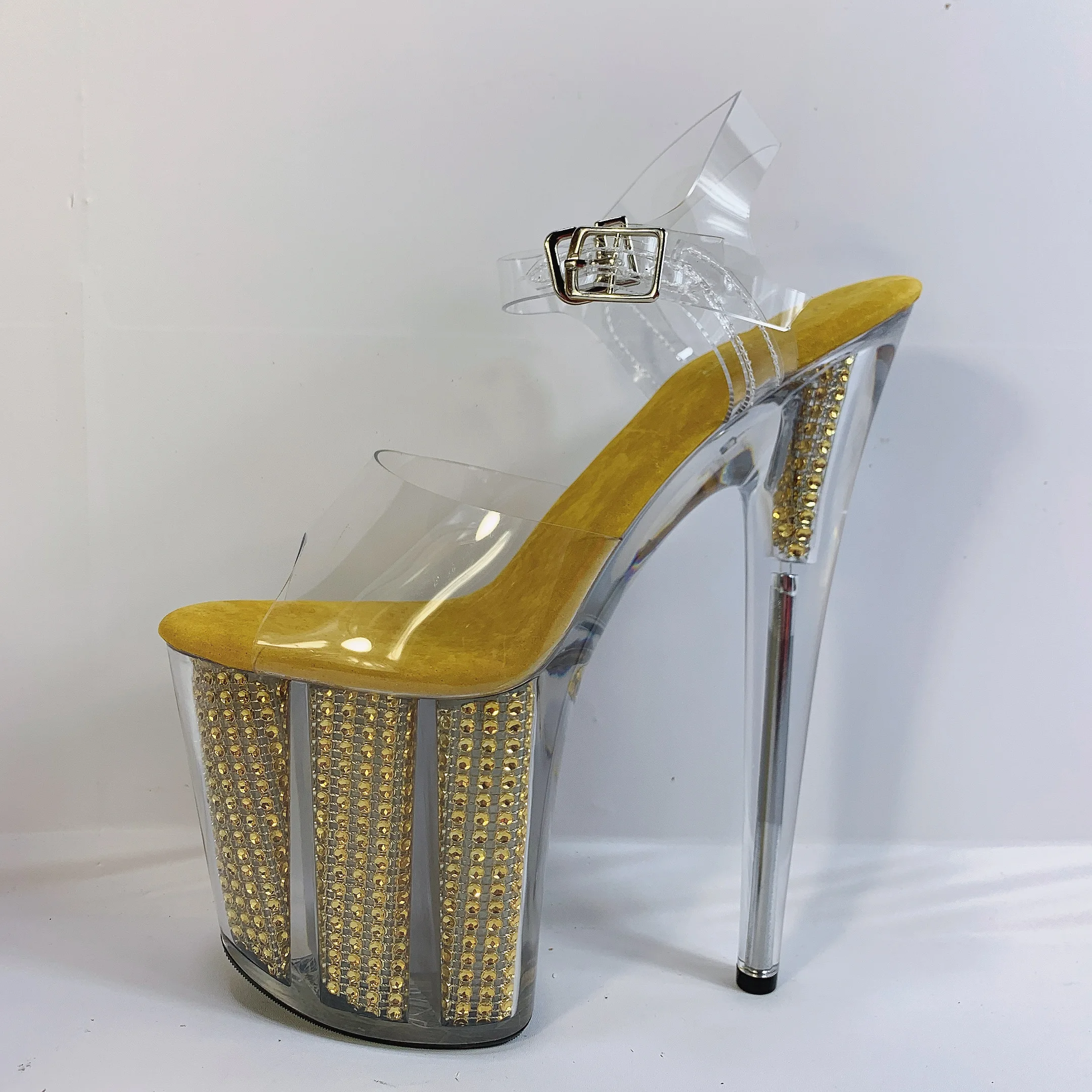 

Fashion sexy 20cm high transparent glass shoes, waterproof platform glitter decoration, model party sandals