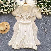 YuooMuoo Brand Fashion Vintage Knitted Long Dress Spring Summer Women Elegant V-neck Ruffled Bodycon Sweater Dress Party Vestido - Image 2