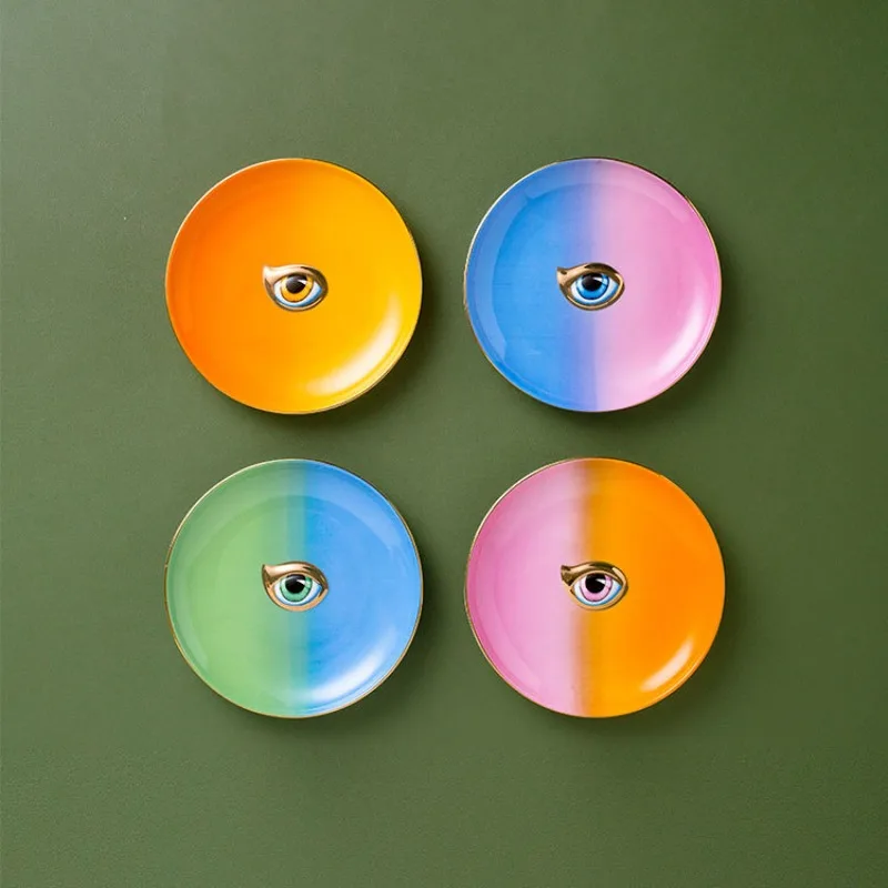 Nordic Round Ceramic Plate Devil's Eye Ring Necklace Jewelry Tray Teacups Coasters Ceramic Jewelry Tray Colorful Ornaments