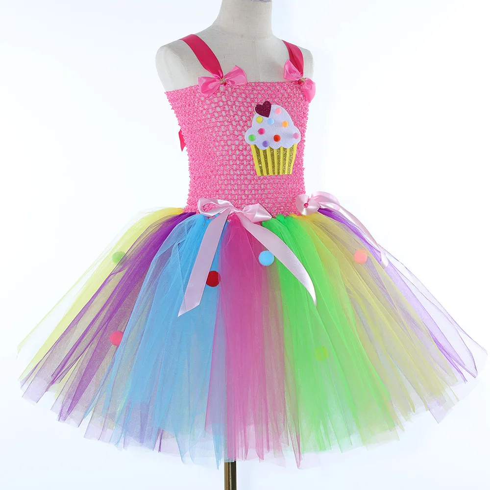 Girls Candyland Cupcake Costume Kids Rainbow Dessert Candy Cake Tutu Dress Toddler Girls Birthday Party Princess Dress Ball Gown