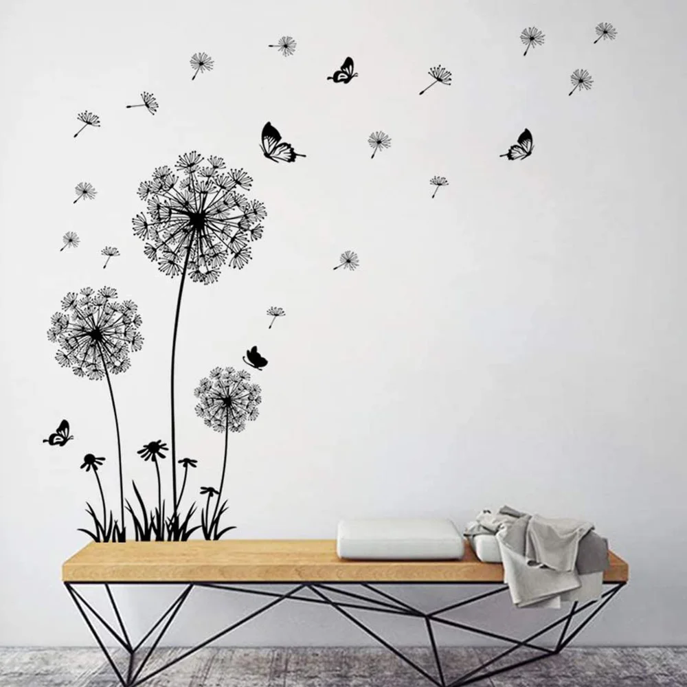 Black Dandelion Wall Stickers Butterflies Wall Living Room Bedroom Glass Window Decoration Mural Art Home Decor Decals wall stickers window stickers