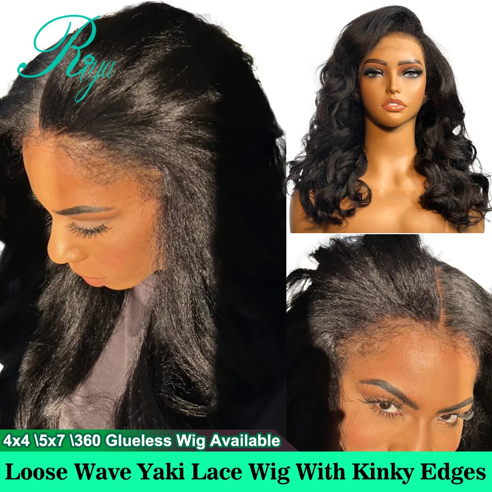 34 Inches Loose Wave Yaki 360 Invisible Strap Glueless Wig With Kinky Edges 4x4 5x7 Pre Cut Lace Lace Closure Human Hair Wigs