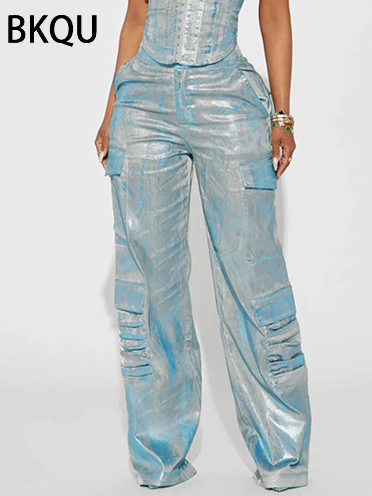 BKQU Metallic Straight Wide Leg Jeans Women Big Pocket High Waist Loose  Baggy Cargo Pants American Y2K Oversized Denim Trousers - AliExpress