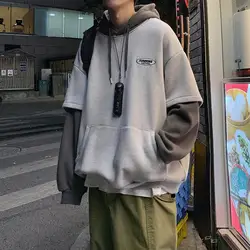 Outono e inverno falso de duas peças moletom masculino versão coreana solto canguru capuz jaqueta com capuz pulôver plus size hoodies
