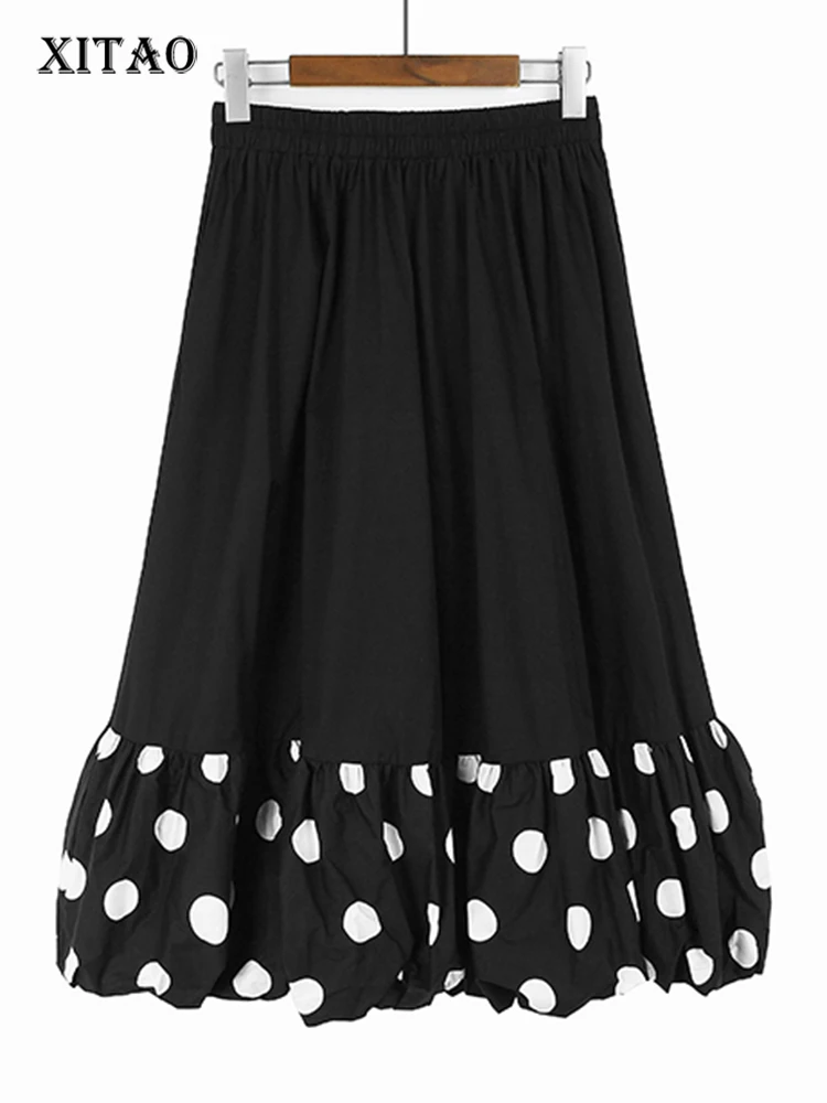 

XITAO Loose Folds Dot Hem Skirt Trend All-match Patchwork Women Winter New Casual Simplicity Elastic Waist Skirt DMJ3694