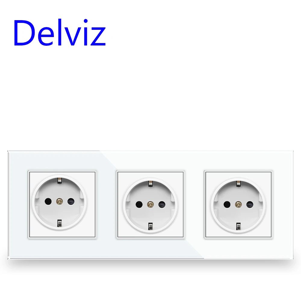 Delviz 16A Wall Power Socket, AC 110V~250V,Kitchen 3 Gang Electric plug Switch And Socket,Glass Panel, EU standard Schuko Outlet