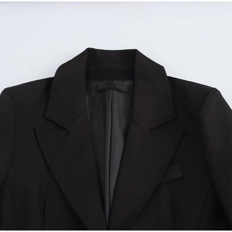 Vintage Lapel Black Long Overcoat Women Slim High Waist Full Sleeve Single Breasted Shoulder Pad Coat New Spring Commute Outwear
