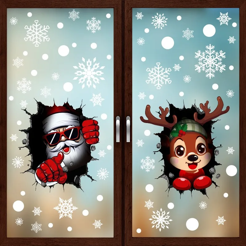 Window Stickers Christmas Decorative Glass Stickers Simulation Crack Gap 3D Santa Claus Elk Snowman Electrostatic