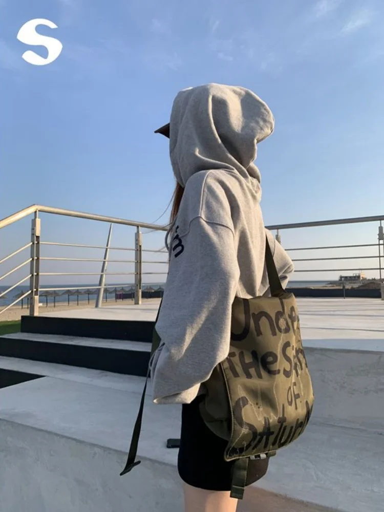 Korean Trendy Letter Print Large Capacity Crossbody Bag Streetwear Casual Unisex Y2k Shoulder Bag