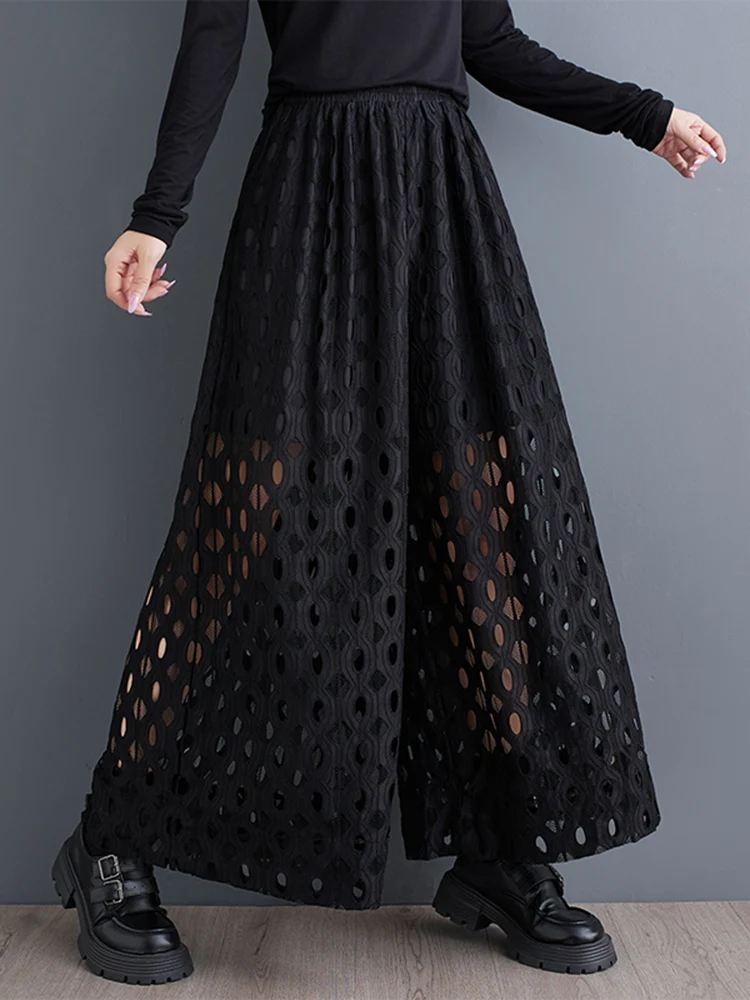 Black Vintage High Waist Hollow Out Wide Leg Pants Women Spring Summer New Casual Loose Ladies Trousers Fashion Streetwear 2025
