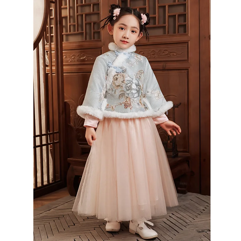 

Winter New Year Dress Cotton Linen Girls Embroidery Chinese Lovely Ancient Hanfu Kids Tang Suit Children Cotton-padded Clothes