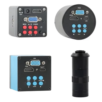 Telecamera per microscopio video HDMI VGA Type-C 1080P + obiettivo con attacco C con zoom regolabile 130X + luce ad anello a 56 LED per saldatura PCB