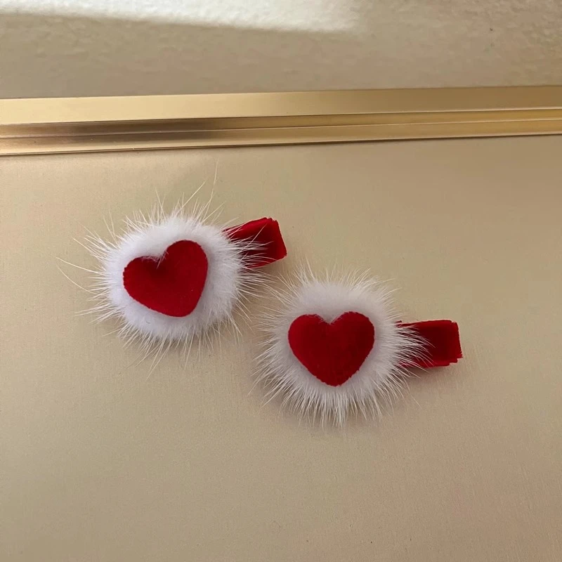 Red Velvet Bow Hairpins for Princess Girl Cute Pompom Heart Kids Autumn Winter Hair Clips Korean Sweet Clips New Year Headwear