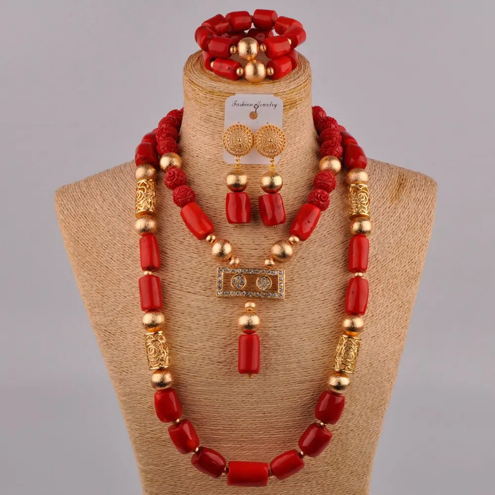 

Luxurious Red Coral Beads Nigerian Wedding Necklace Bridal African Jewelry Set