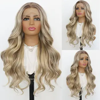 Blonde Highlight Lace Front Wig Long Wavy Ombre Brown Blonde 13x4 Synthetic Lace Front Wigs for Women 24 Inches
