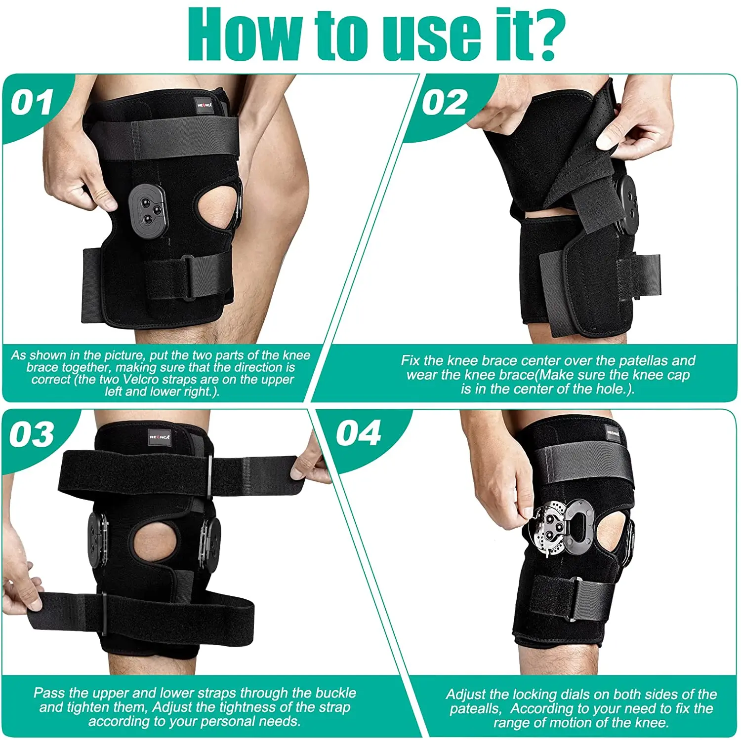 Genouillère réglable articulée, Support de genou avec stabilisateurs latéraux, cadrans de verrouillage pour la douleur du genou, arthrite, déchirure du ménisque