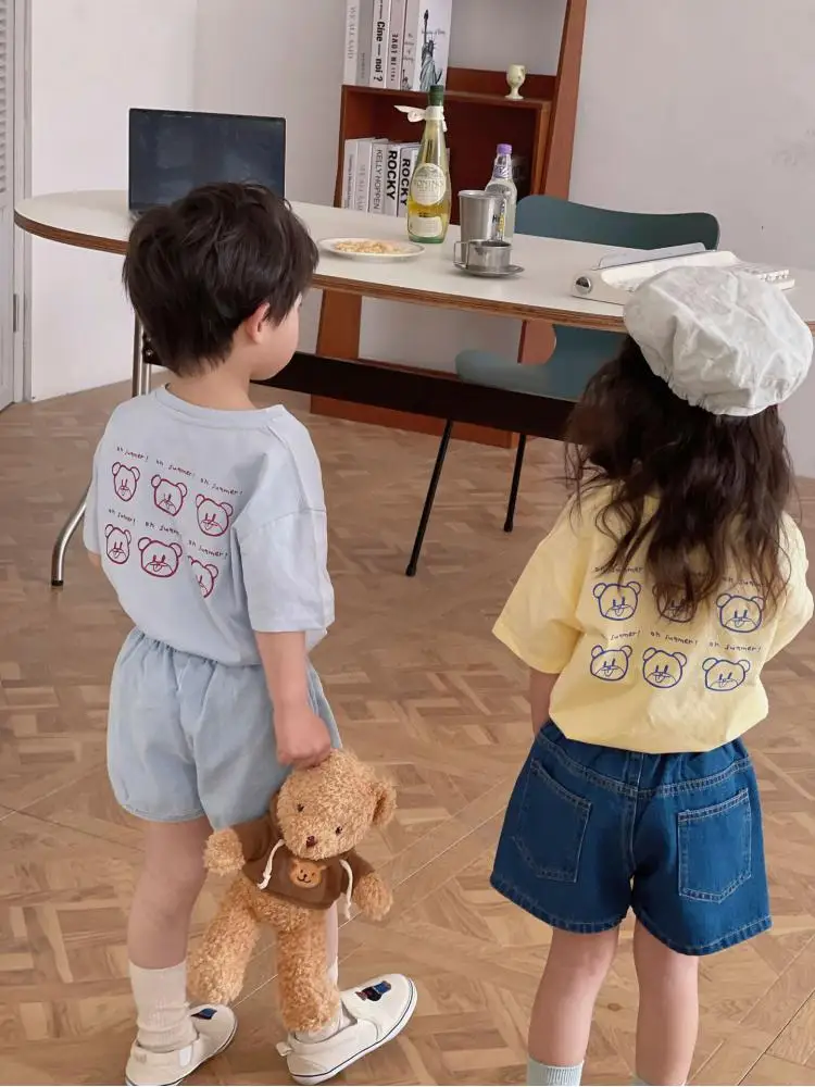 

2023 Summer New Children Short Sleeve T Shirts Fashion Boys Girls Cute Bear Print T Shirts Kids Cartoon Tee Cotton Baby Clothes