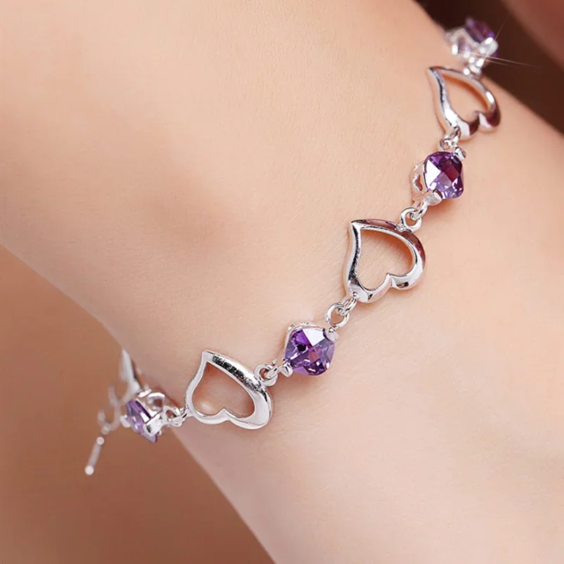 

Zhubobo High Quality 925 Silver Colour Bracelet Heart Purple Crystal Zircon Bracelet For Woman Party Engagement Jewelry Gift