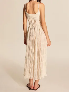 Women's Summer Long Dress Sleeveless Spaghetti Strap V Neck Pleated Dress Tie Back Dress 5