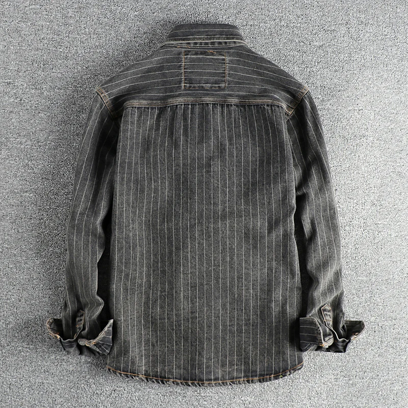 Heavy British retro black gray striped denim shirt men autumn end single cargo pocket shirt coat denim shirt