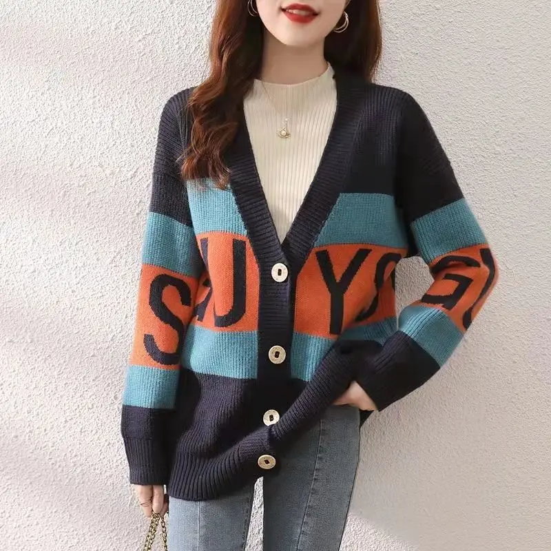 

Autumn Winter Vintage Knitted Cardigans Sweater Long Sleeve Loose Letter Jacquard Button Panelled Fashion Casual Women Coat Tops