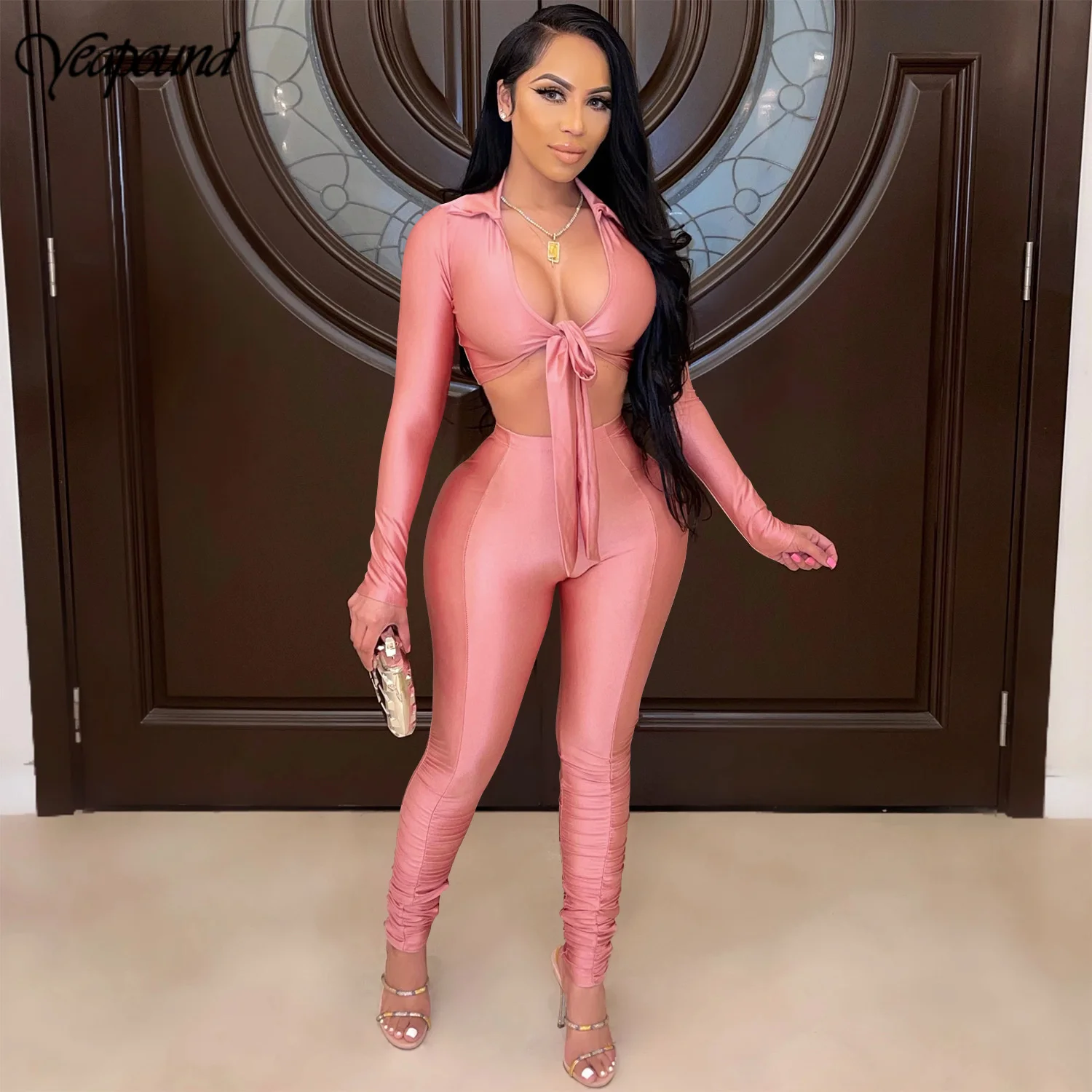 

Bow Tied V-neck 2 Piece Set Women Long Sleeve Crop Top + Pencil Long Pants Set Sexy Club Outfits Elegant Matching Sets