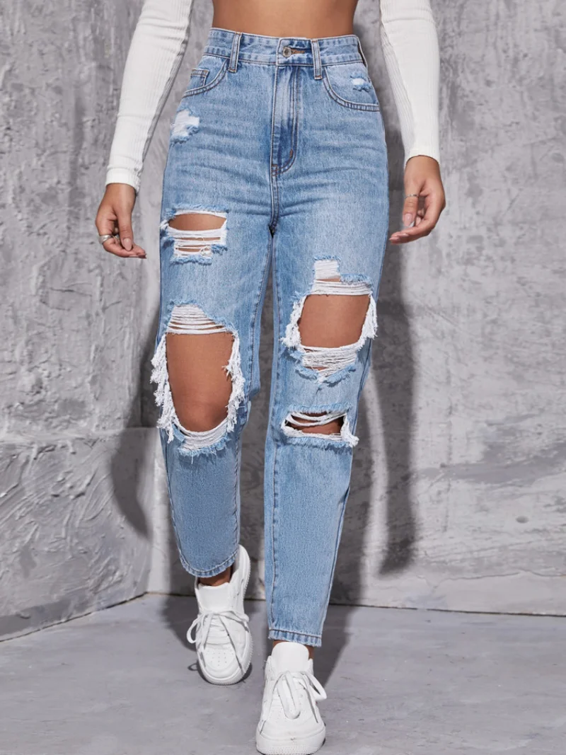 Denimcolab Fashion Hole Washing High Waist Jeans Woman Cotton Denim Straight Pants Ladies High Street Ripped Jeans Trousers