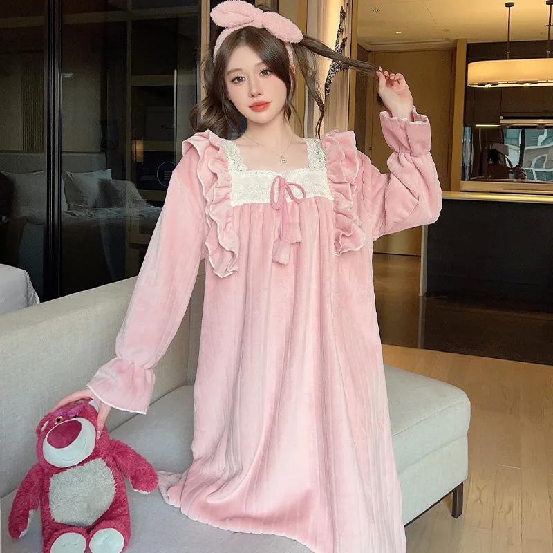 Nightgown Women Flannel Fleece Lace Thicken Sleepshirt Nightdress for Women Winter Autumn Nightwear Home Dress Sleepwear Pajamas pajamas sets women fashion velvet 4 pieces thicken warm winter sleepwear sexy lace bathrobe home clothes pajamas nightwear