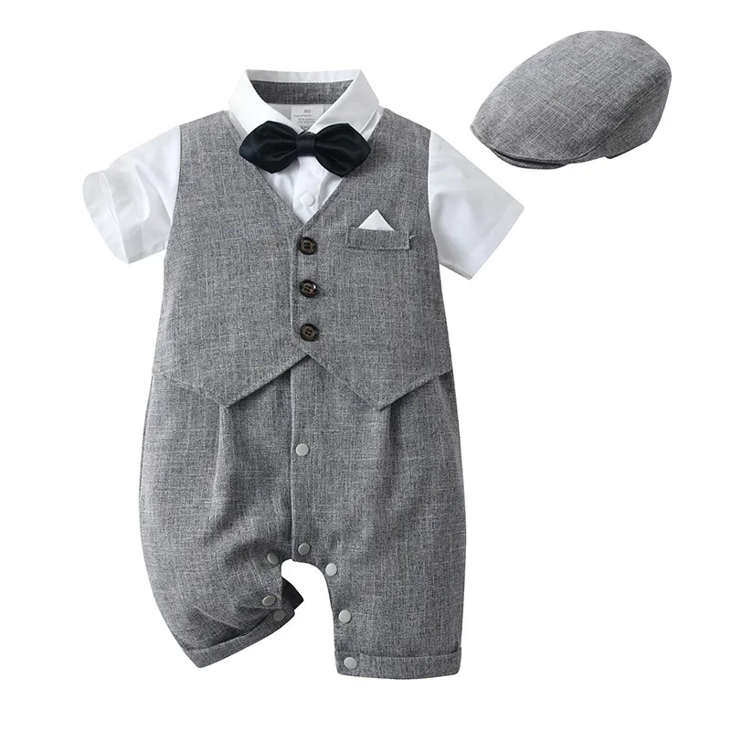 New Children's Summer Short Sleeve Rompers Baby Boys Capucha British Style Cotton Bib Overalls Outerwear Kids Clothes
