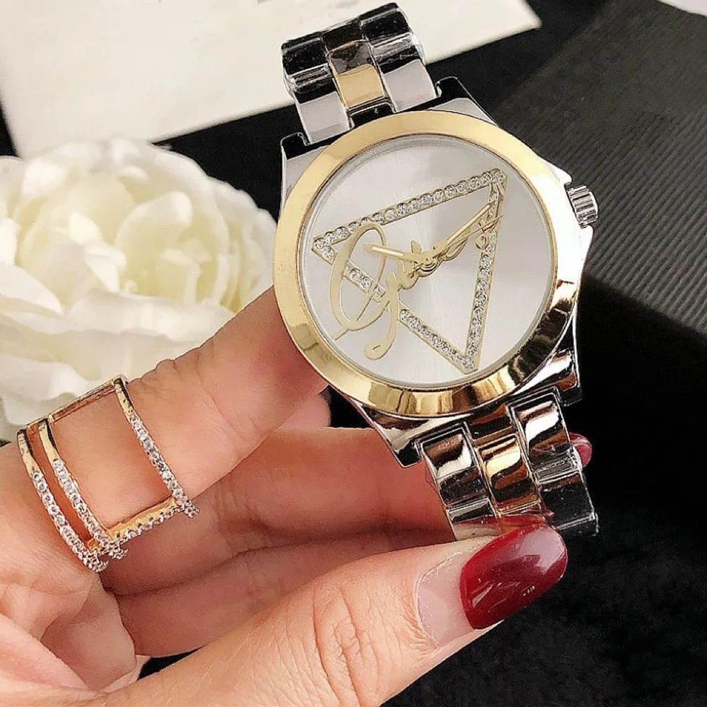 Men Women Quartz Watch for Couple Luxury Diamond Triangle Reloj Ladies Man Stainless Steel Sliver Gold New Clock Male Wristwatch