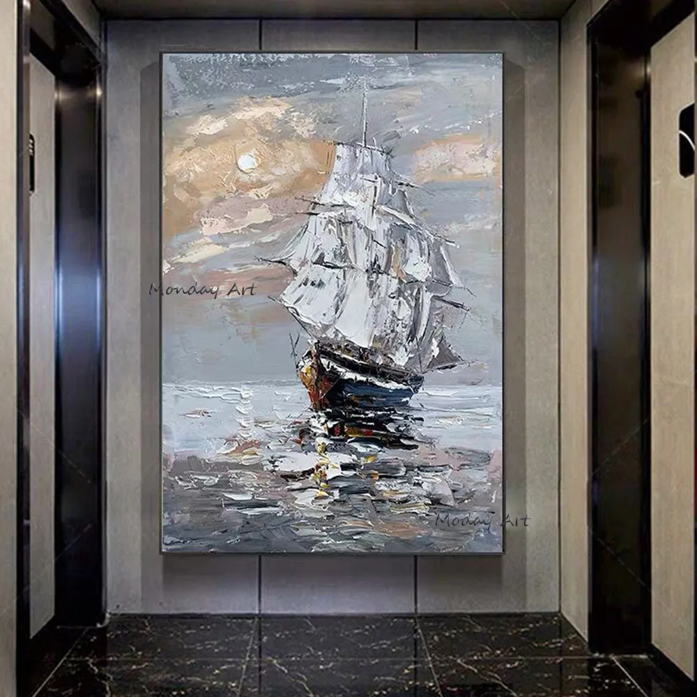 Barca A Vela Pittura Barca A Vela Originale Pittura Barca A Vela Astratta Vintage Pittura Su Tela Paesaggio Per Dipingere Opere D'Arte