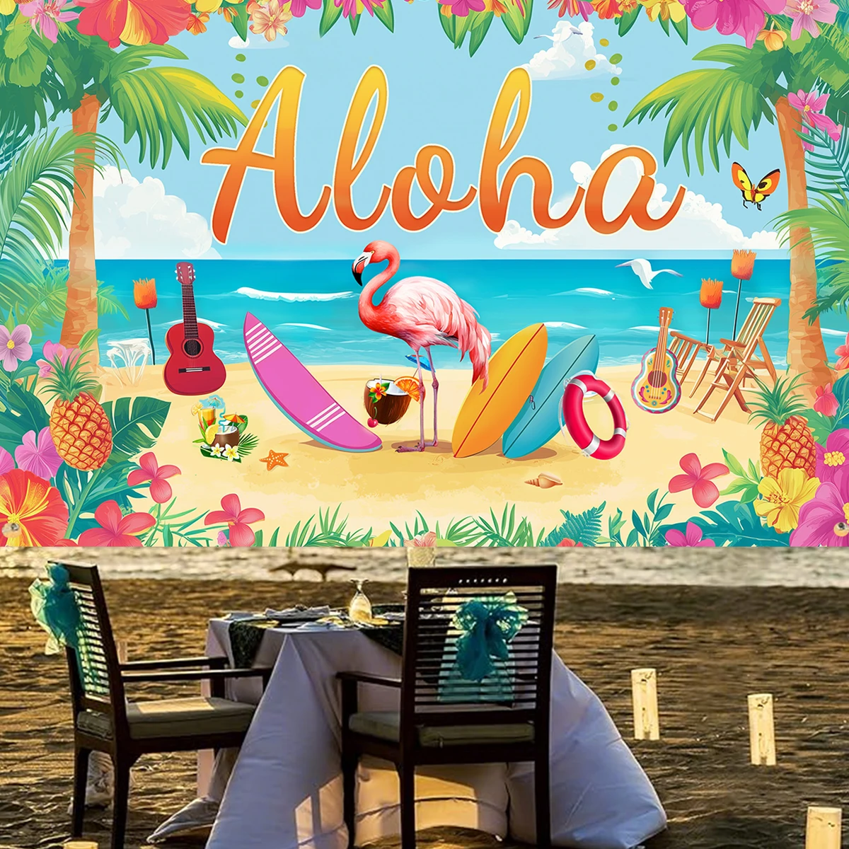 Hawaiian Summer Beach Background Tropical Seaside Flowers Aloha Luau Ocean Sea Surfboard Holiday Party Birthday Backdrop Decor party supplies birthday backdrop party decoration party backdrop curtain
