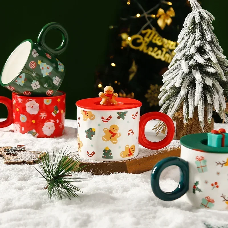 Tazza natalizia da 500 ml, grande capacità, in ceramica, per tè, latte, caffè, con coperchio, cucchiaio, per la casa, regali di Natale (cucchiaio rosso per mescolare con coperchio