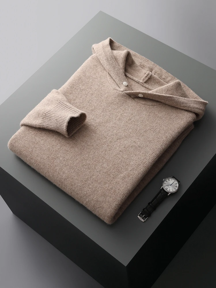 ADDONEE Men Hooded Pullover Cashmere Sweater Autumn Winter 100% Merino Wool Knitwear Smart Casual Sweater Korean Fashion Tops 3