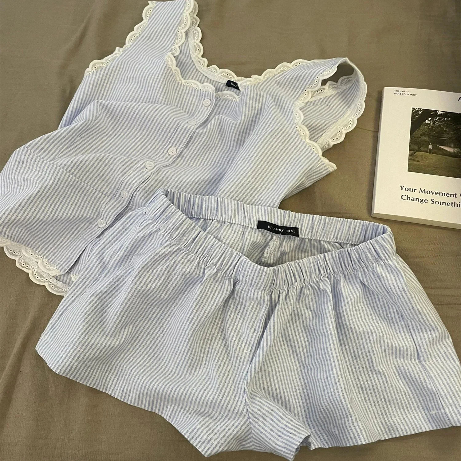 Striped Women Pajamas Summer Sleepwear Sleeveless Shorts Sets 2 Pieces Lace Night Wears Tank Korean Sleeping Home Suit 2025 New